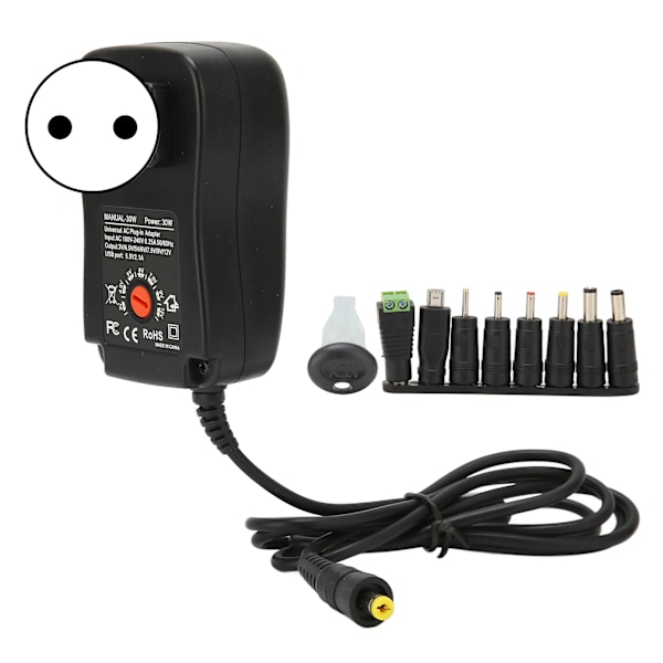 Multifunktionell 30W Universalströmadapter med USB-port, Spänningsjusterbar Strömadapter 100‑240VEU-kontakt