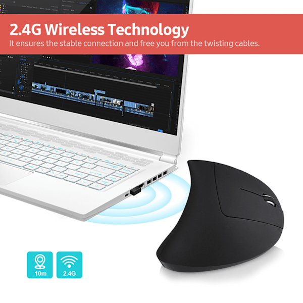 YWYT 2.4G Trådløs Vertikal Mus Ergonomisk Vertikal Mus Oprejst Mus Optisk Mus 3 Justerbare bevægelseshastighedsniveauer/ Plug&Play Sort