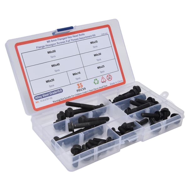 35 stk. Flangebolt M6 10.9 Niveau Kulstofstål Hex Bolte Sortimentssæt Kit Sort til Forbindelse