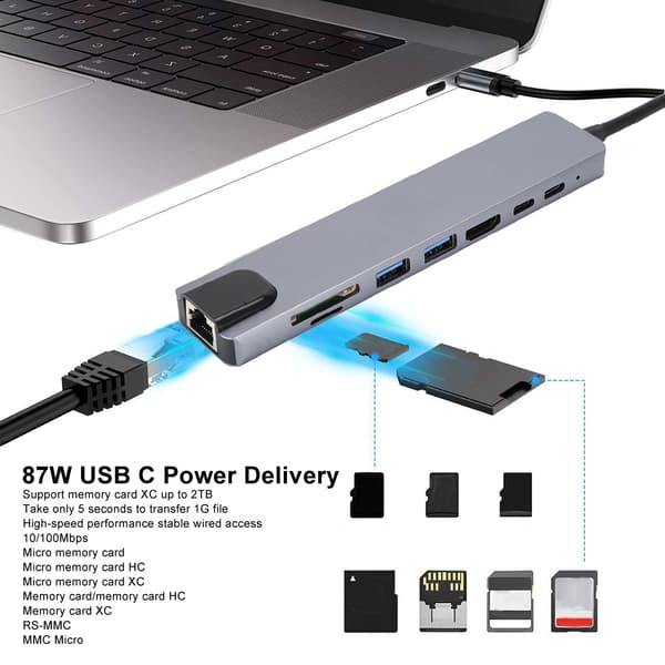 8-i-1 Hub Type-C til HDMI RJ45 PD USB Dockingstasjon Type-C Hub Splitter Konverter Adapter