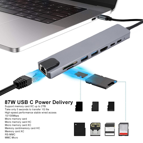 8-in-1 Hub Type-C - HDMI RJ45 PD USB -telakointiasema Type-C Hub Splitter -muunninadapteri