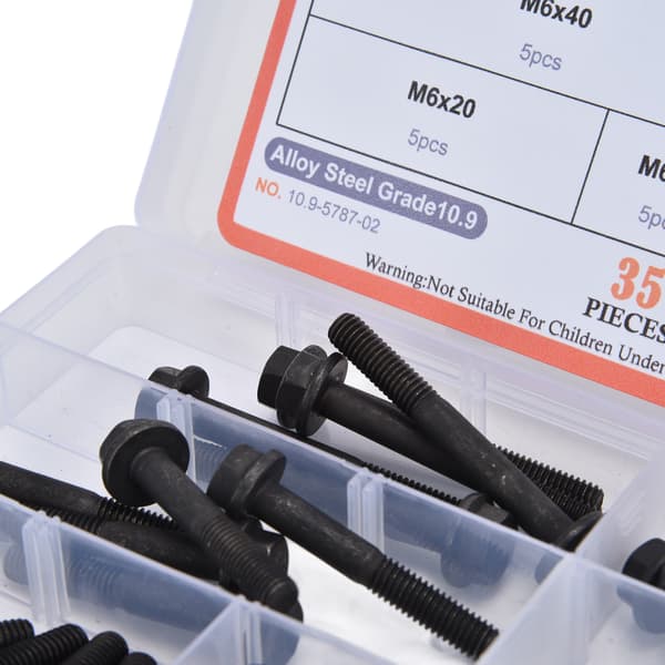 35 stk. Flangebolt M6 10.9 Niveau Kulstofstål Hex Bolte Sortimentssæt Kit Sort til Forbindelse