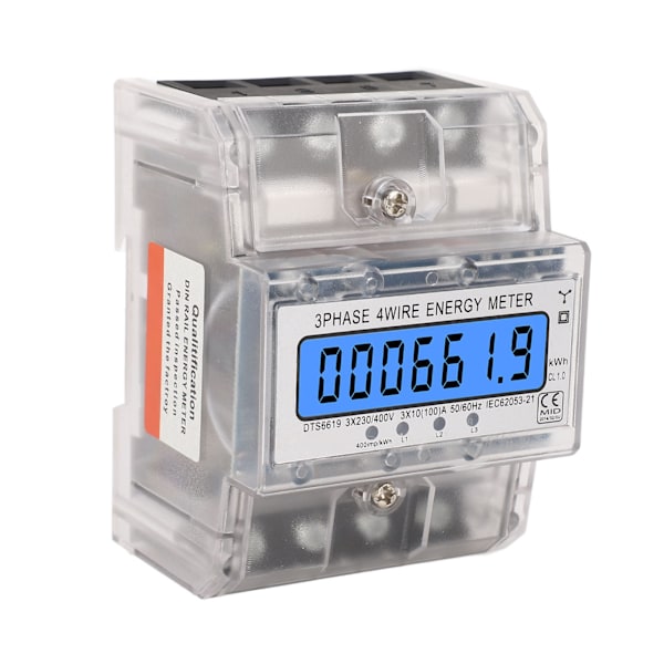Energimåler 3-faset 4-leder baggrundsbelyst LCD-display DIN-skinneinstallation Elektricitetsmåler 10‑100A 230 400VAC