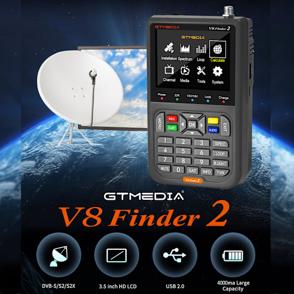 GTMEDIA V8 Finder 2 TV Signal Finder Meter DVB-S/S2/S2X Signalmottaker 3,5-tommers LCD-skjerm H.264 Automatisk Beregning av Vinkel 4000mAh Batteri