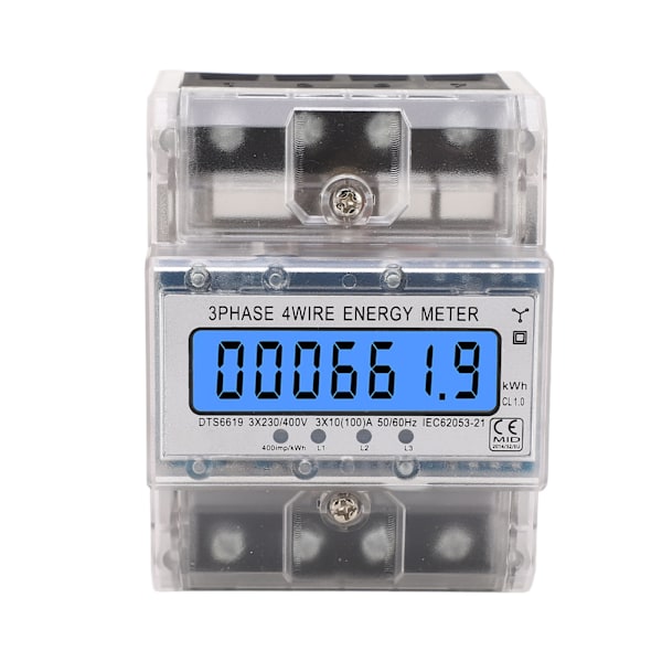 Energimätare 3-fas 4-tråds Bakgrundsbelyst LCD-display DIN-skena Installation Elmätare 10‑100A 230 400VAC