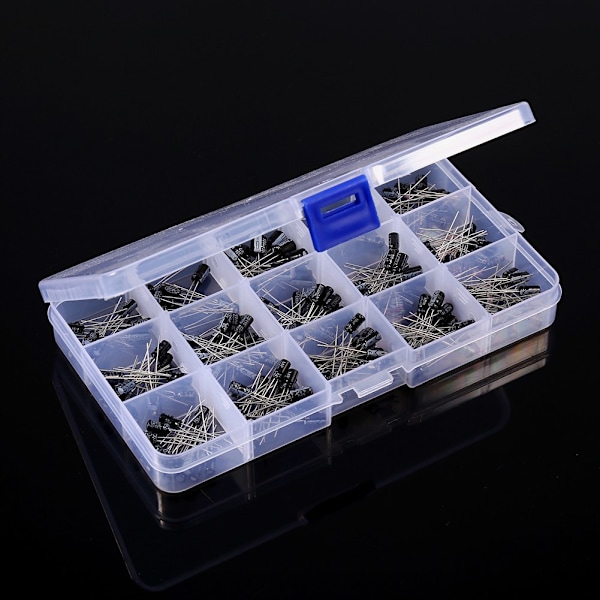 200 st DIY 15 Kapacitansmodeller 0,1uF-220uF Elektrolytkondensator Sortimentssats med Låda