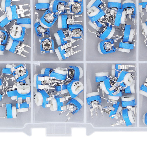 100 st Variabla Resistorer 10 Värden 500R Till 1M RM065 Blå Vit Trimmer Potentiometer Sortimentssats