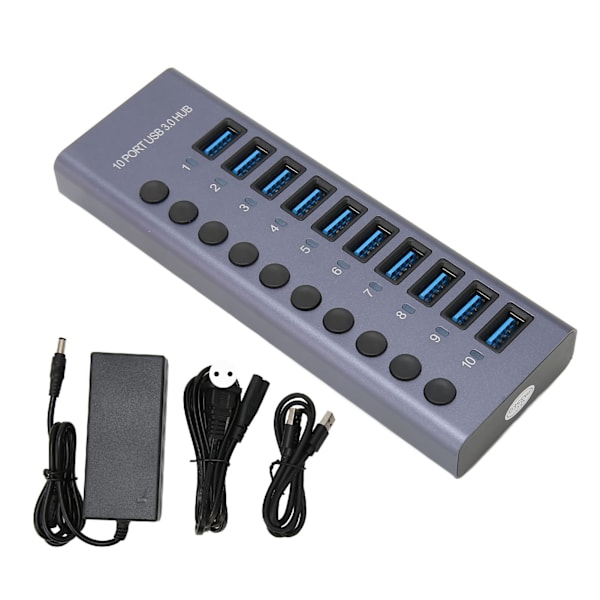 10-ports USB 3.0-hub med 60W, individuella strömbrytare, LED-lampor, aluminiumskal, USB 3.0-dockningsstation, 60W 12V 5A nätadapter, 100‑240V EU-kontakt