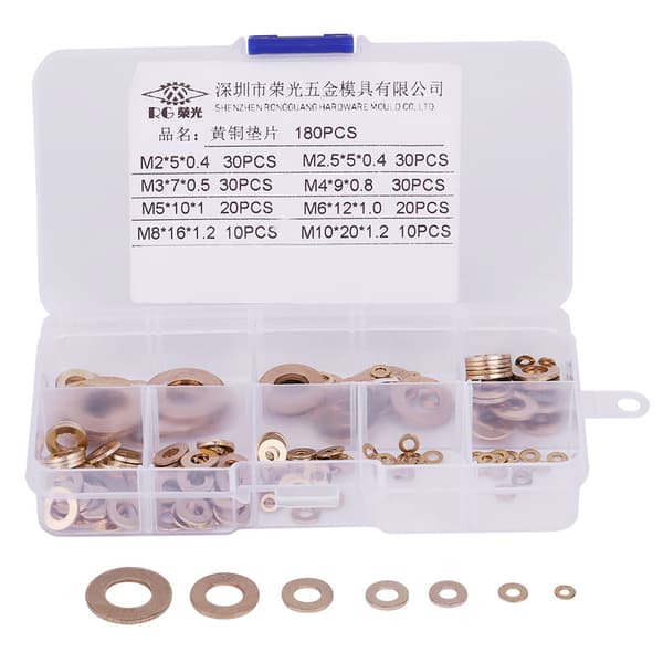 180 stk. messing flat skive sortimentsett med boks M2/M2.5/M3/M4/M5/M6/M8/M10