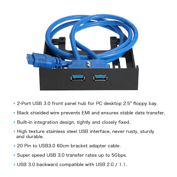 USB 3.0 Etupaneelin Hub 2 Portin Laajennuspaikka 20 Pin - USB3.0 60cm Kiinnikeadapterikaapeli PC Pöytäkoneelle 2.5