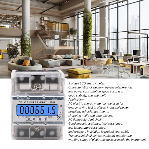 Energimätare 3-fas 4-tråds Bakgrundsbelyst LCD-display DIN-skena Installation Elmätare 10‑100A 230 400VAC