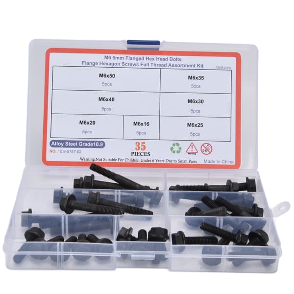 35 stk. Flangebolt M6 10.9 Niveau Kulstofstål Hex Bolte Sortimentssæt Kit Sort til Forbindelse
