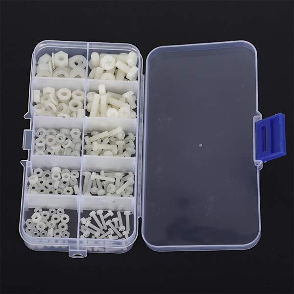 270 stk./æske M2/M2.5/M3/M4/M5 Nylon Skrue Møtrik Spændeskive Sortimentssæt Hardware Fastgørelseselementer Hvid