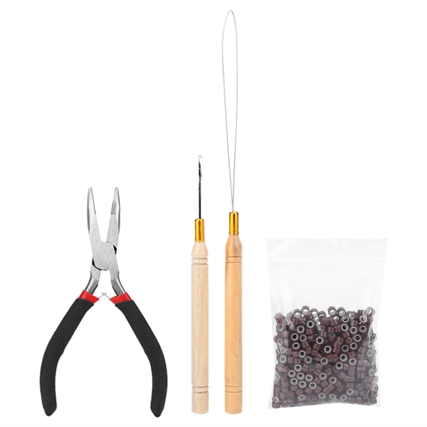 4-pack Hårförlängningsset med Dragnålskrok, Wig Connect Tång och 500 st Mikroringar Brun