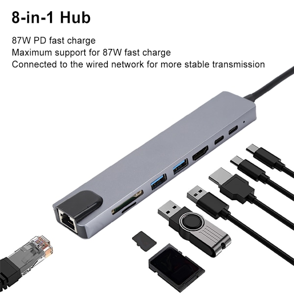8-in-1 Hub Type-C - HDMI RJ45 PD USB -telakointiasema Type-C Hub Splitter -muunninadapteri