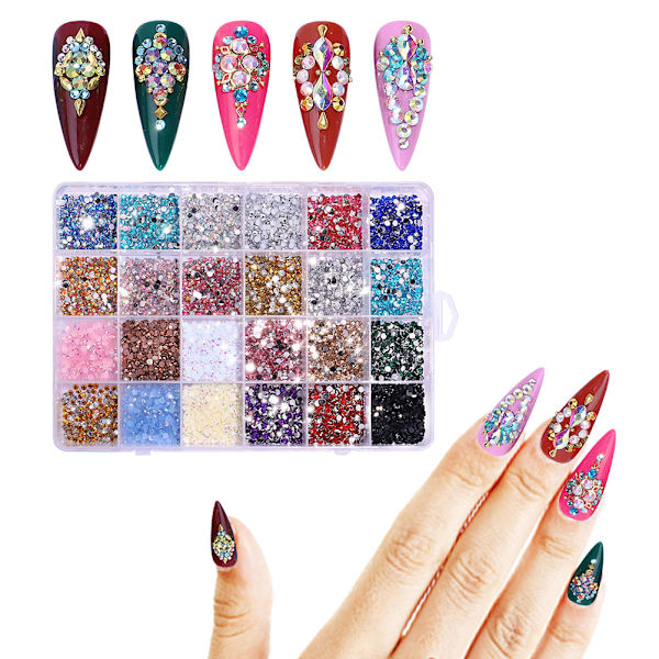24 Gitre Flade Resin Negle Rhinestones 3500 Stk Negle til Akryl Negle Manicure DIY Negledekorationer