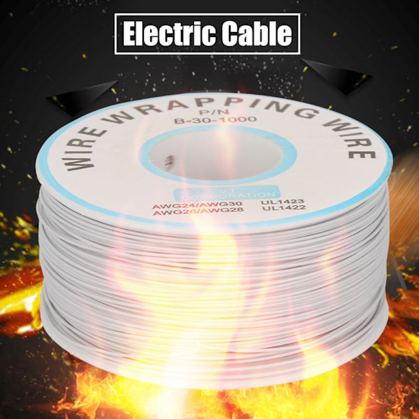 1 rulle ledningsvikling enkelt kobbertråd 30AWG kabel 0,25 mm kernediameter (hvid)