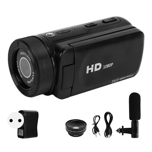 1080P Videokamera 16MP 2,4in Flip Skærm Vlogging Kamera 16X Zoom HD Digitalkamera til Rejser Bryllup Campus Optagelser 110‑240V EU Stik