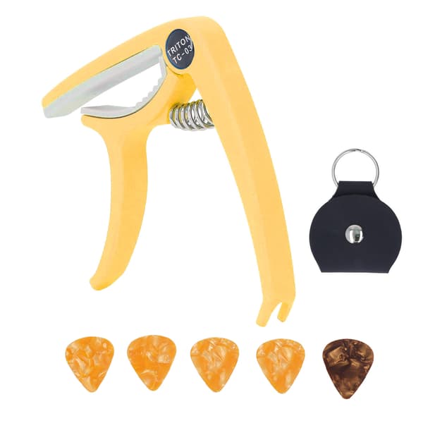 Elektrisk Gitarr Capo ABS Snabbkoppling Ukulele Gitarr Capo Set med 5st Gitarrplektrum för Mandolin Banjo Gul