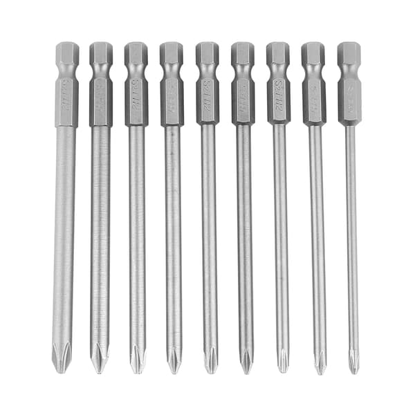9 stk. S2 Stål Krysshode PH1 PH2 Skrutrekkerbits Sett 1/4 tommers Hex Skaft 100mm