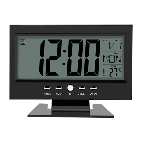 LCD Digital Lydsensor Bord Skrivebords Vækkeur med Kalender og Temperaturvisning Sort