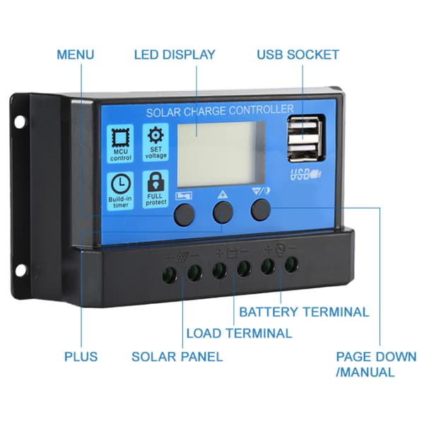 Solar Charge Controller LCD Dubbel USB PWM Cell Panel Regulator med Last Automatisk Identifiering 12V 24V30A