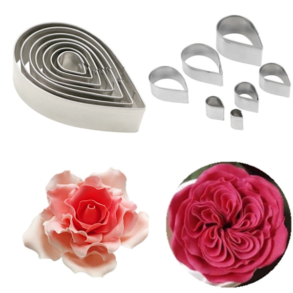 7 stk./sett Rosekutter Rustfritt Stål Vanndråpeform Fondant Blomsterformer Petal Stencils Kutter Kakedekorasjonsverktøy