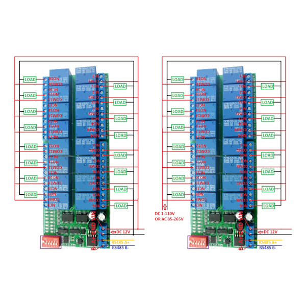 DC 12V 16 Kanal MODBUS RTU RS485 Relämodul Kort PLC Kontroller Seriell Port Switch