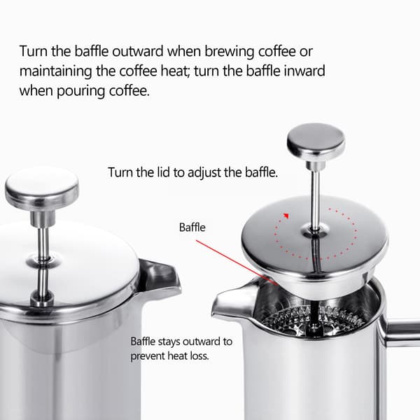 350 ml/800 ml/1000 ml stempelkande i rustfrit stål, dobbeltvægget isoleret kaffemaskine