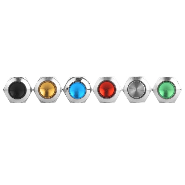 6 st metallknappsbrytare 2 stift IP67 vattentät återställning utan ljus 12 mm (röd, grön, gul, blå, svart, metallisk)