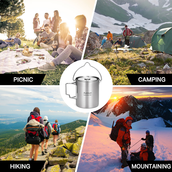 Aomiun 750ml Rostfri Stålkastrull Portabel Vattenmugg Kopp med Lock och Vikbart Handtag Utomhus Camping Matlagning Picknick