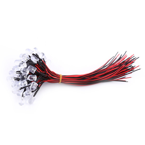 50 stk. ferdigkablet DC 9-12V 3 5 10mm Vannklar LED Dioder Hvit Rød Blå Grønn Lys