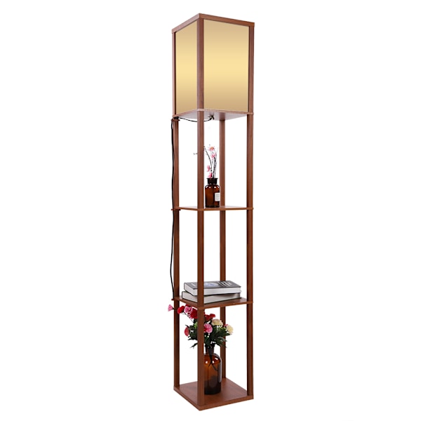 Modern golvlampa i ekträ med tygskärm och inbyggda hyllor för vardagsrum, hall – Brun