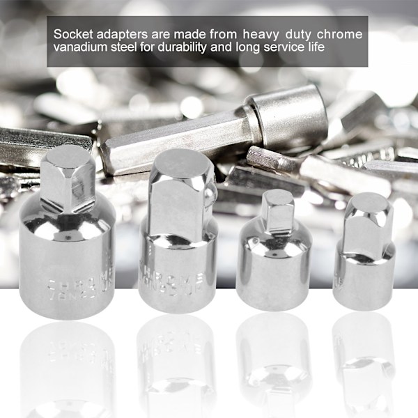 4 stk. Sølv Krom Vanadium Stål Socket Adapter Reduksjoner 1/2\", 3/8\", 1/4\" Skiftenøkkel Adapter
