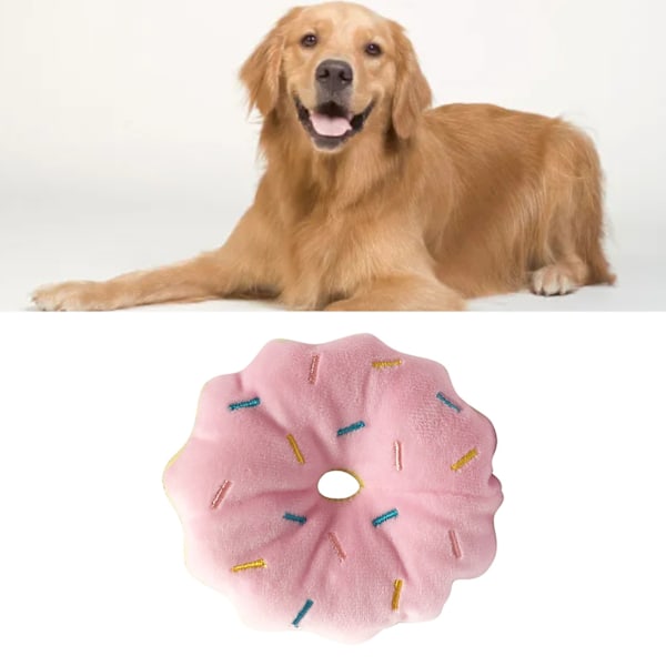 Hundleksak Donut Bitresistent Tandgnuggning Lindrar Uttråkning Tecknad Söt Pipig Plyschhundleksak för Husdjurstillbehör Rosa