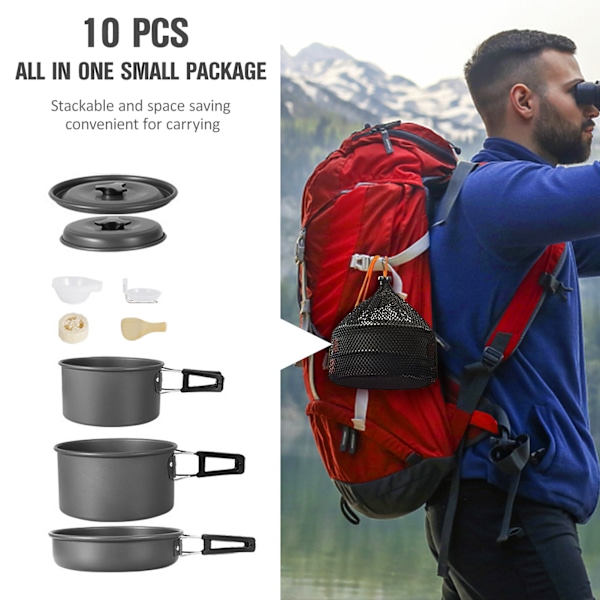 Camping Kokesett Gryte Stekepanne Non-stick Lett Stablebar Oppbevaringspose Egnet for 2-3 Personer Utendørs Redskaper