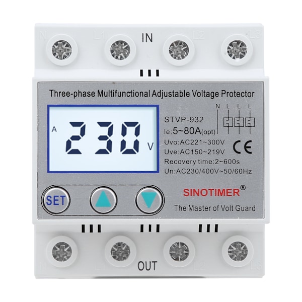 Justerbar Spänningsskydd 3-fas LCD Multifunktionell Självåterställande STVP-932 230v 400VAC(80A )