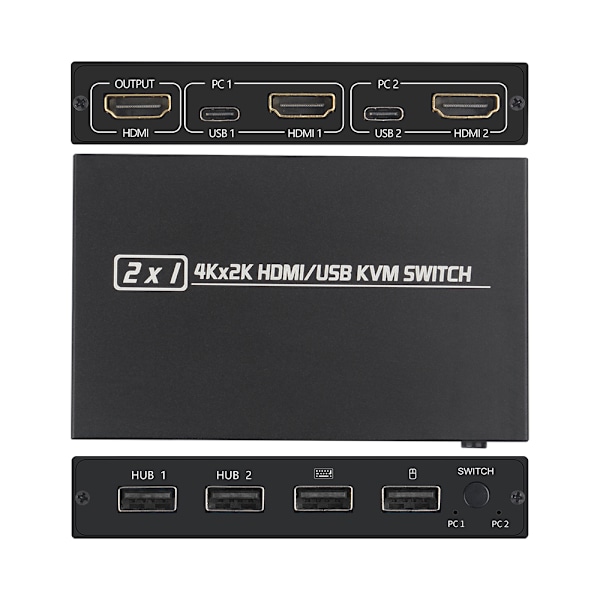 AIMOS AM-KVM 201CL 2-in-1 HDMI/USB KVM-kytkin, tukee HD 2K*4K -resoluutiota, 2 laitetta jakaa 1 näytön/näppäimistön ja hiiren