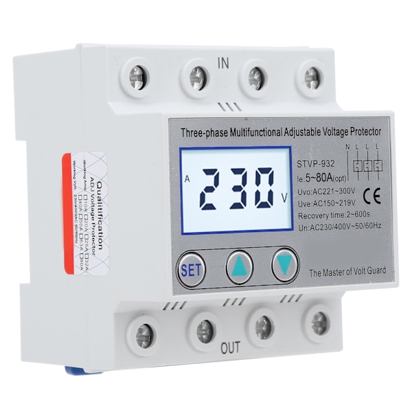 Justerbar Spänningsskydd 3-fas LCD Multifunktionell Självåterställande STVP-932 230v 400VAC(80A )