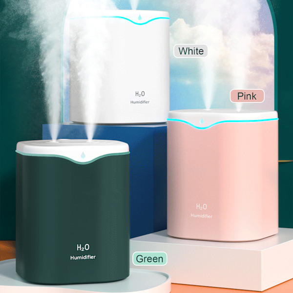 2L Dubbel Spray Luftfuktare med LED-ljus Sval Mist Automatisk Avstängning Luftfuktare Portabla Bordsluftfuktare för Sovrum Hem Rum
