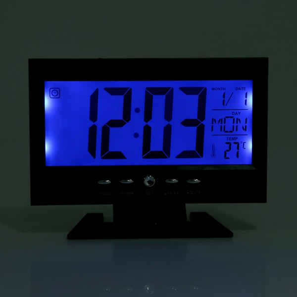 LCD Digital Lydsensor Bord Skrivebords Vækkeur med Kalender og Temperaturvisning Sort