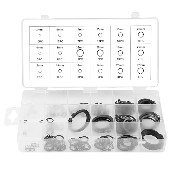 150 st Snap-säkringar, Sortimentssats 3mm - 32mm, 18 Storlekar med Ask