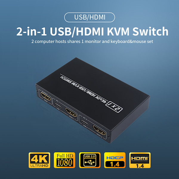 AIMOS AM-KVM 201CL 2-in-1 HDMI/USB KVM-kytkin, tukee HD 2K*4K -resoluutiota, 2 laitetta jakaa 1 näytön/näppäimistön ja hiiren
