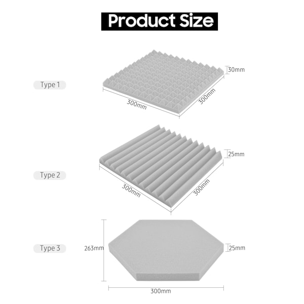 12-pack - Studio Skum Ljudabsorberande Ljuddämpande Paneler Högdensitets Kilplattor Isolering Behandling för Väggar Tak 12*12*1.2in (Typ 1)