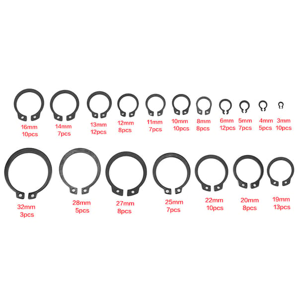 150 stk. Snap Låsering Circlip Sortimentsett 3mm - 32mm 18 Størrelser med Boks