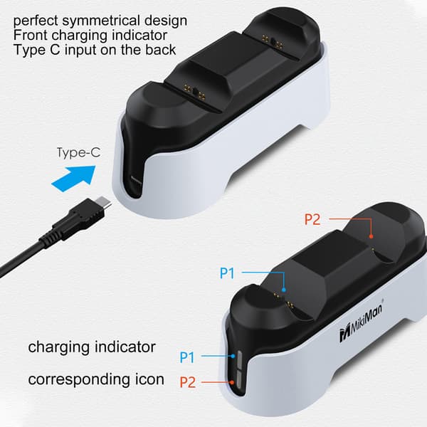 Opladningsstation til PS5-controller, dobbelt opladningsdock til PS5 med LED-indikator, hvid