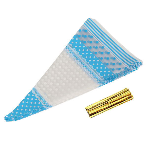 50 Klare Kegleformede Godte Popcornposer Godteposer Cellofan Slikposer med Twist Tie Blå