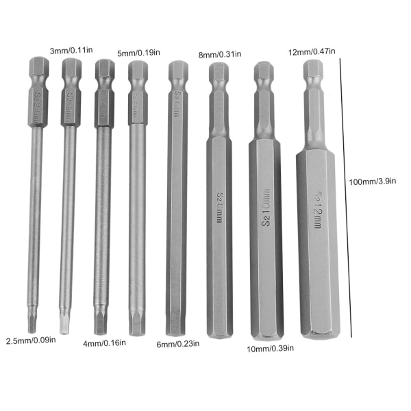 8 st 100 mm långa 1/4\" Hexskaft BST skruvmejselbitar 2,5-12 mm set