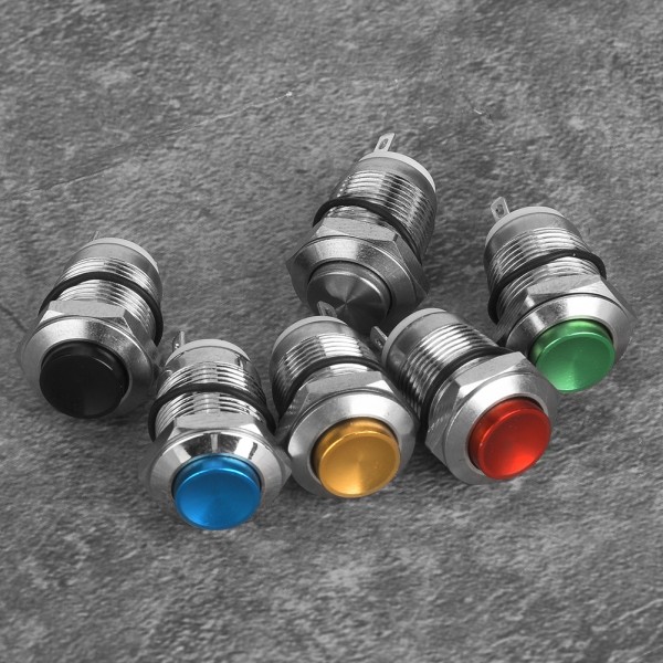 6 st metallknappsbrytare 2 stift IP67 vattentät återställning utan ljus 12 mm (röd, grön, gul, blå, svart, metallisk)