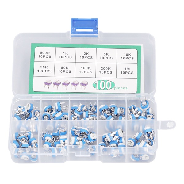 100 st Variabla Resistorer 10 Värden 500R Till 1M RM065 Blå Vit Trimmer Potentiometer Sortimentssats